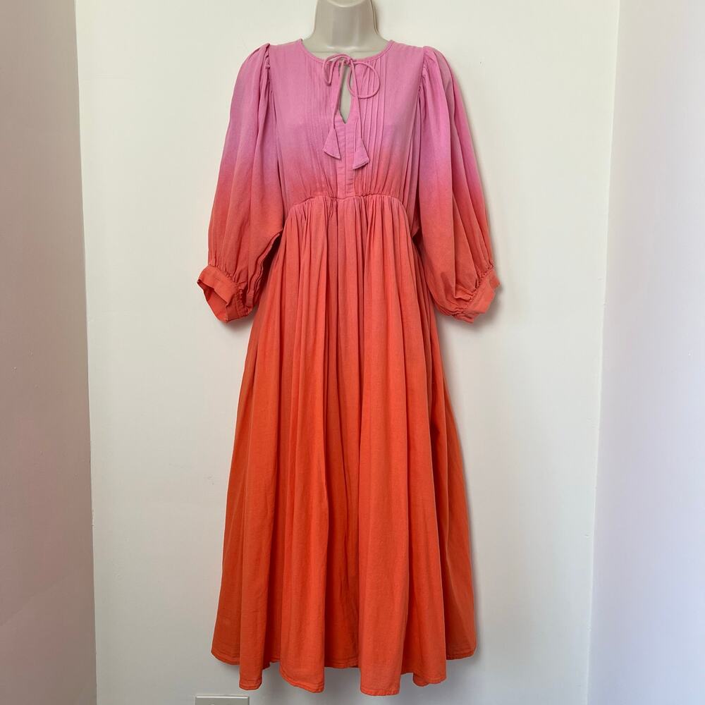 FATE Sunrise Hand Dyed Cotton Midi Dress Pink Orange Ombré Puff Sleeves Small